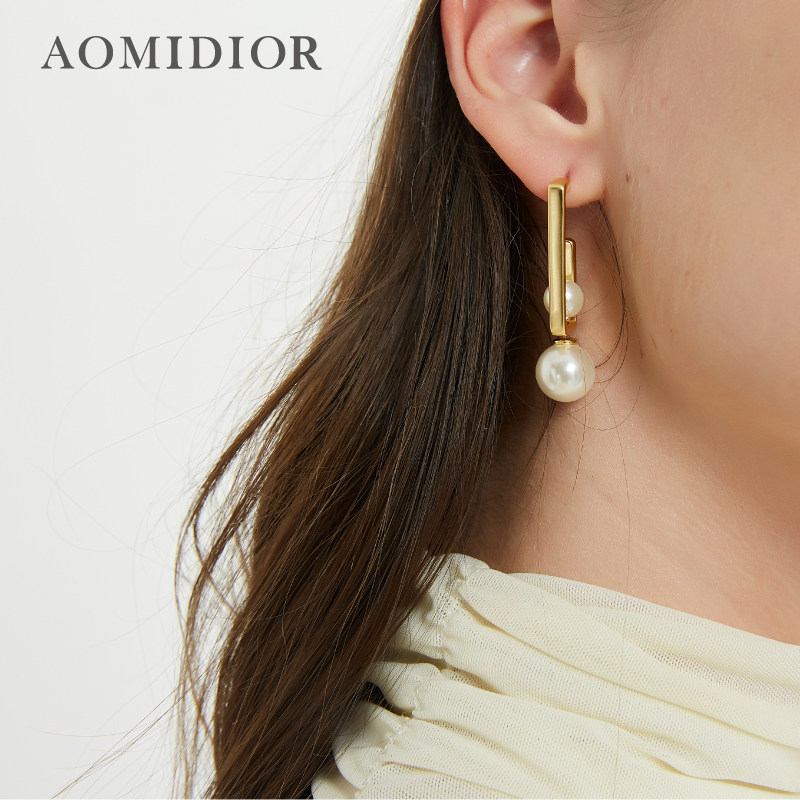 奥米迪奥几何方条双珠耳环两戴百搭简约时尚气质女耳钉2022新潮银