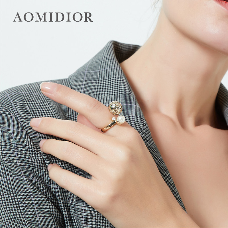 奥米迪奥开口镂空包珍珠戒指食指潮个性夸张小众设计可调节戒指女