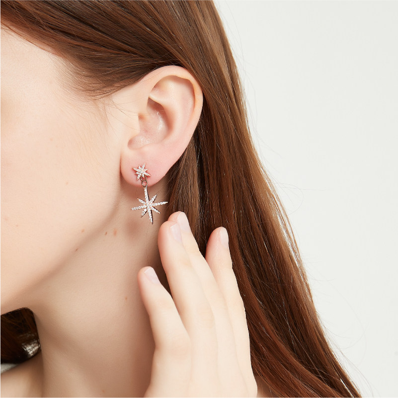 奥米迪奥不对称双流星镶钻耳钉气质百搭时尚网红耳环2021新女纯银