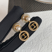 奥米迪奥圆盘镶钻前后款 两戴珍珠耳钉欧美高级感小众设计女耳环