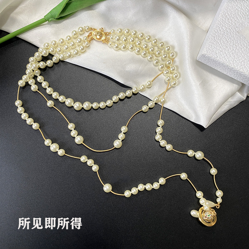 土星破碎珍珠项链镶钻不规则长款立体毛衣链欧美气质叠戴