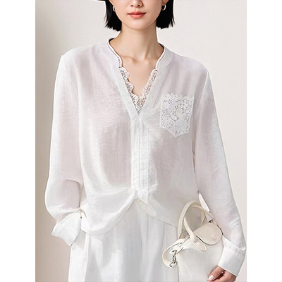 V领蕾丝衬衫女长袖2026夏季新款