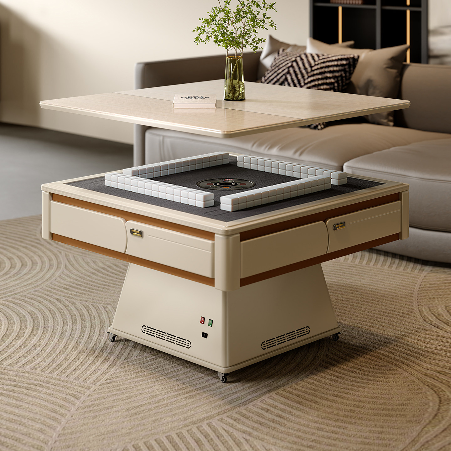 新品实木升降麻将桌两用餐桌茶几一体静音麻将机全自动家用带取暖