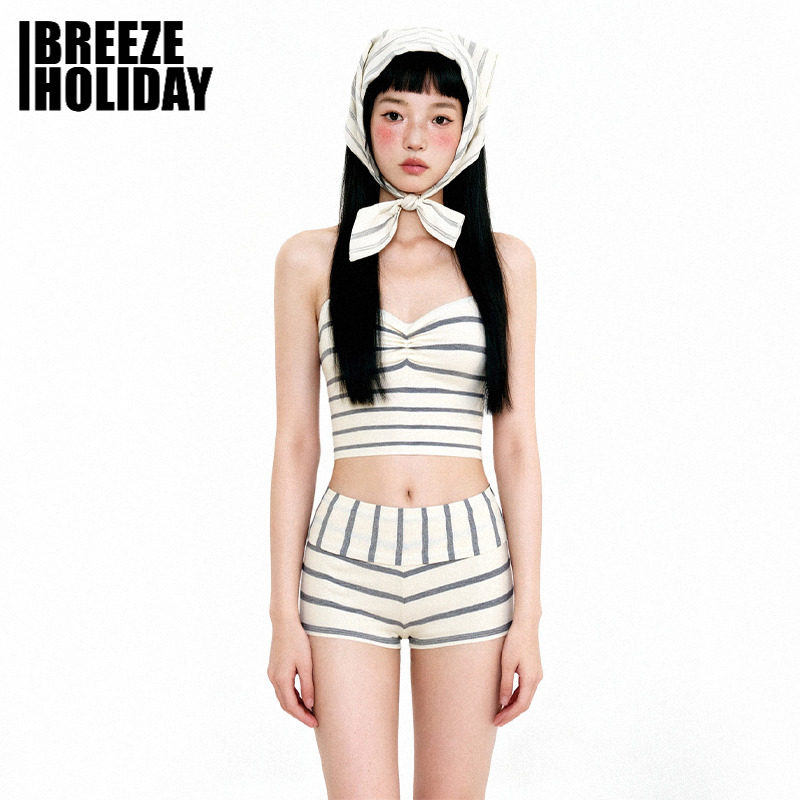 breezeholiday分体泳衣女款两件套条纹印花纯欲温泉度假风比基尼