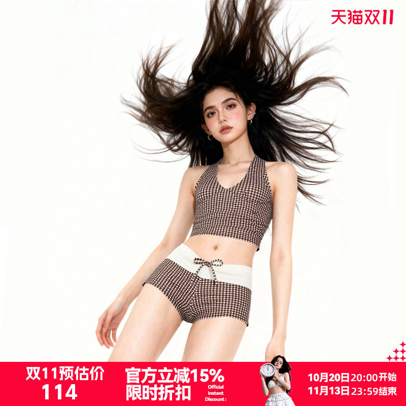 breezeholiday泳衣女两件套格子印花纯欲度假风显瘦泡温泉泳装