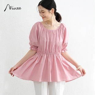 女夏收腰套头漂亮小衫 2024新款 百褶粉色衬衫 MIUZA日系减龄灯笼袖