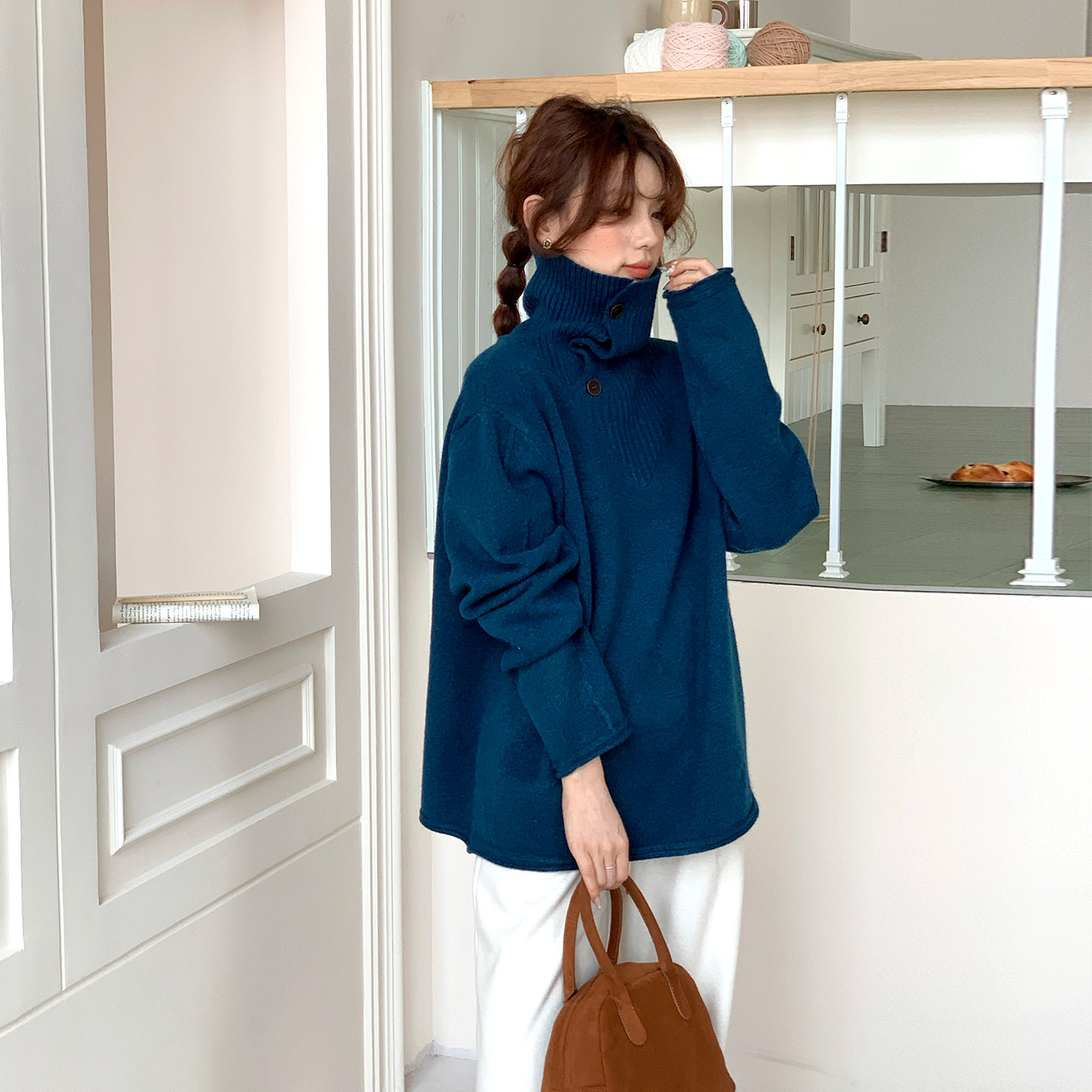 日系穿搭翻领粗棒针套头针织衫内搭女宽松毛衣2025冬季新款