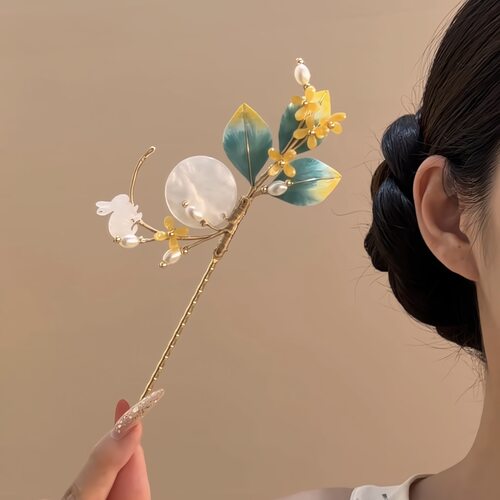剧本杀流芳方圆伴手礼非遗绒花桂花玉兔发簪贝壳圆月亮珍珠发钗