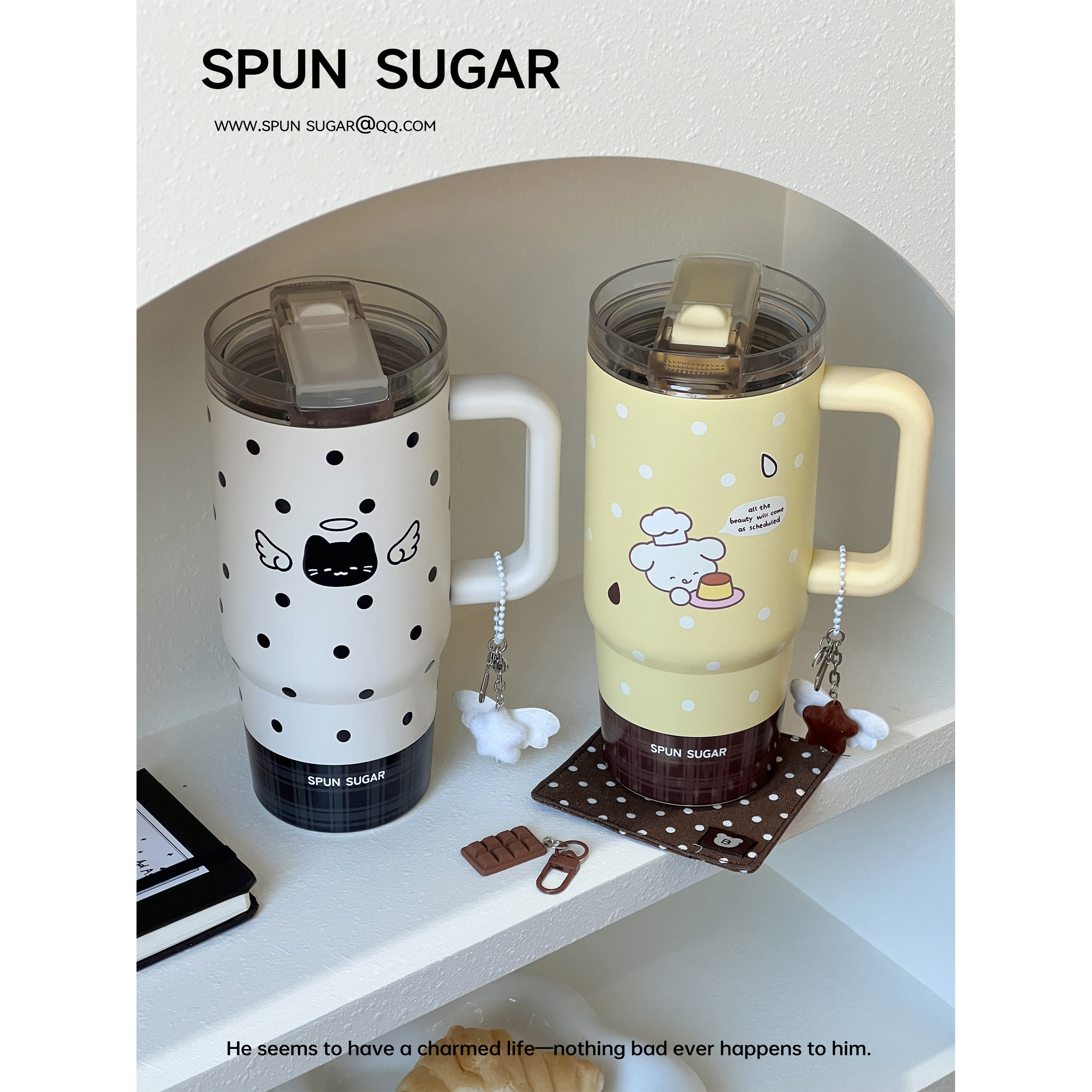 棉花加点儿糖焦糖布丁波点保温杯不锈钢手柄杯吸管杯子水杯大容量