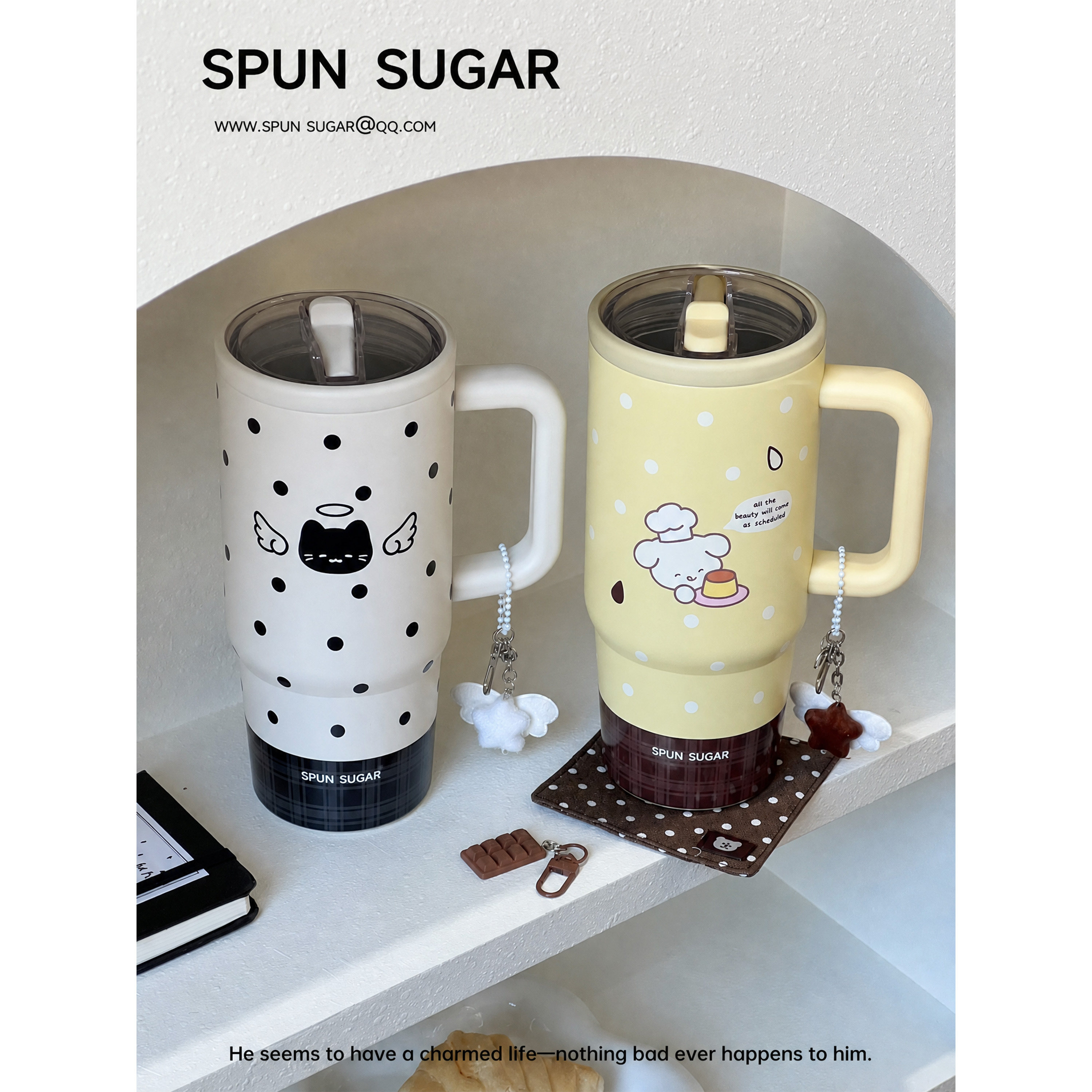 棉花加点儿糖焦糖布丁波点保温杯不锈钢手柄杯吸管杯子水杯大容量