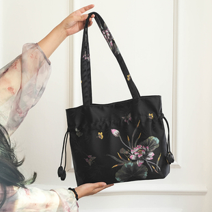 国风大容量新款 女士包包香云纱单肩包真桑蚕丝民族风中老年购物袋