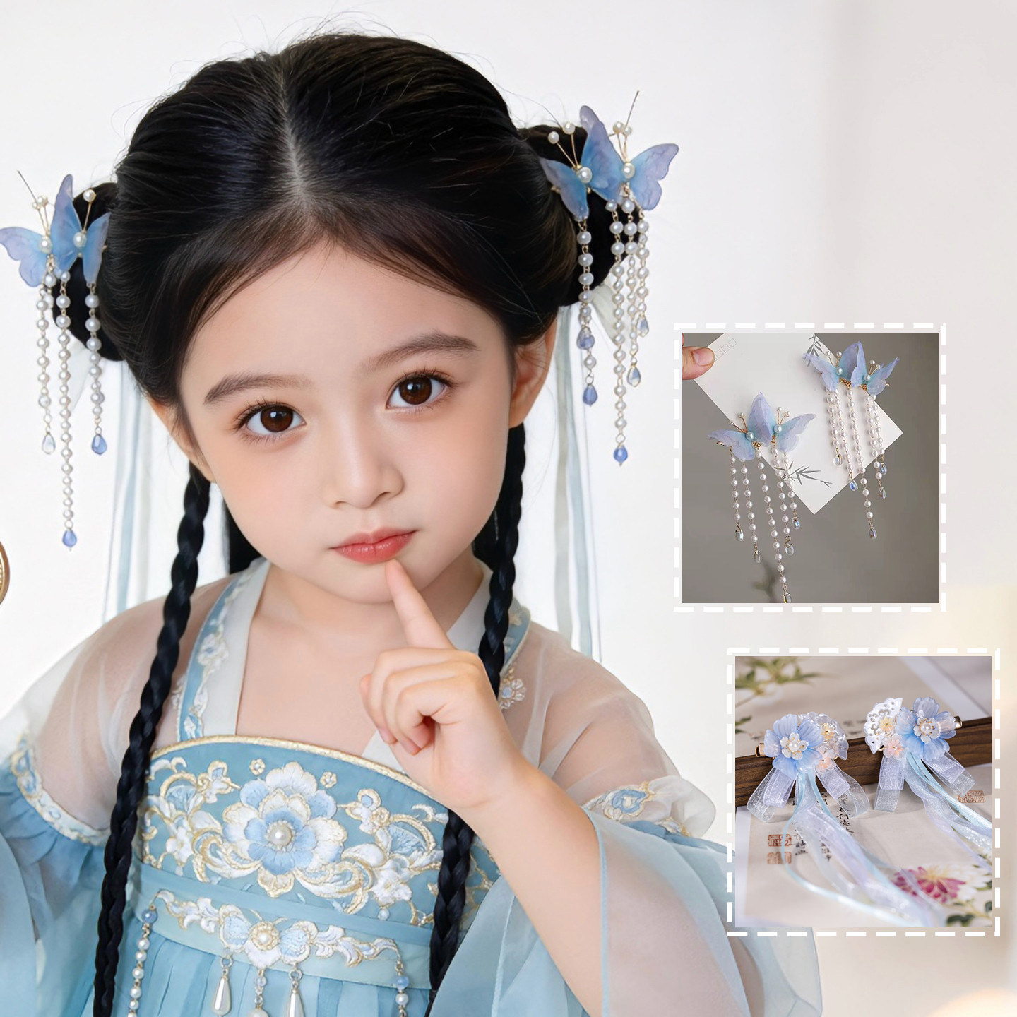 儿童节发饰古风汉服表演头饰女童长飘带蝴蝶发夹流苏丝带古装头花图片