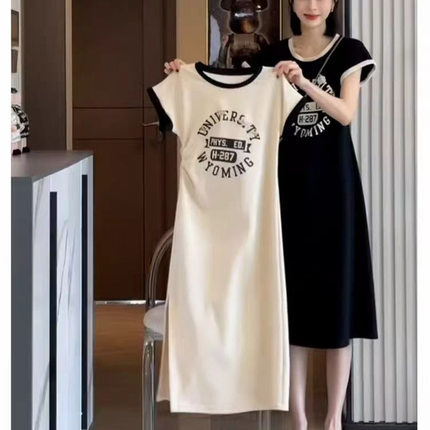 欧货夏连衣裙女冰丝薄字母印花开叉长裙设计感短袖修身显瘦居家裙
