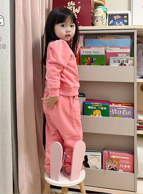 1230studio 秋季柔软香芋紫玫红色童装束脚裤休闲裤棉针织面料