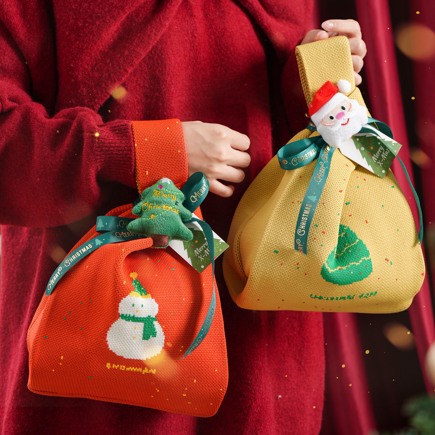 圣诞节小礼品袋平安夜苹果零食糖果卡通针织包装盒儿童礼物手提袋