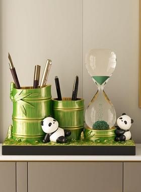 熊猫文创节节高升笔筒沙漏摆件办公室桌面装饰中国特色教师节礼物
