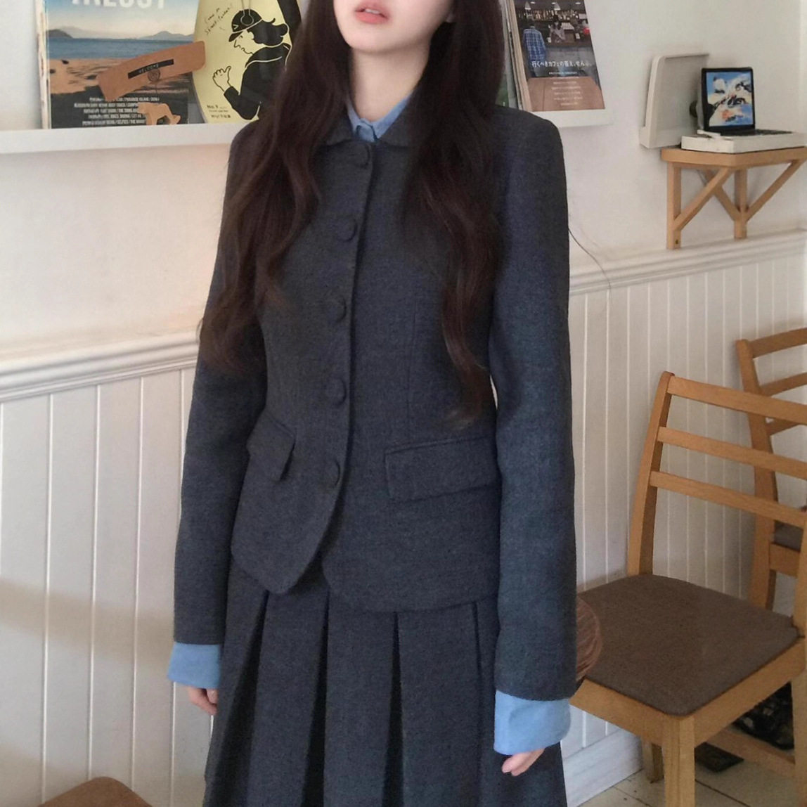 秋冬新款灰色小香风长袖连衣裙子套装女2025早秋巨好看学院风穿搭