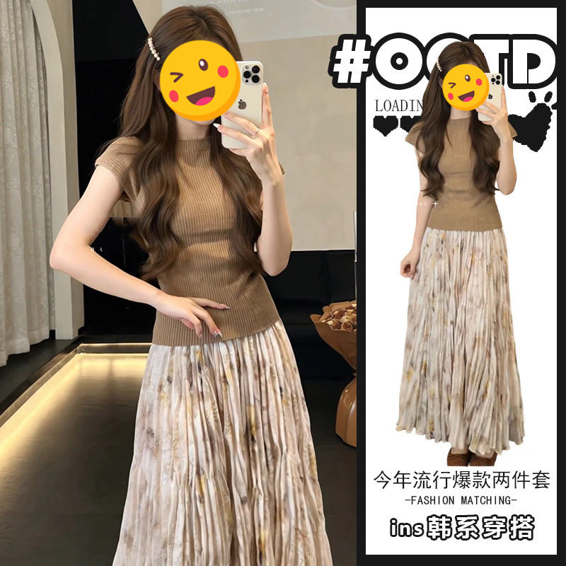 单件/2026新款春漂亮衣服韩系简约风短袖上衣气质高腰碎花半身裙