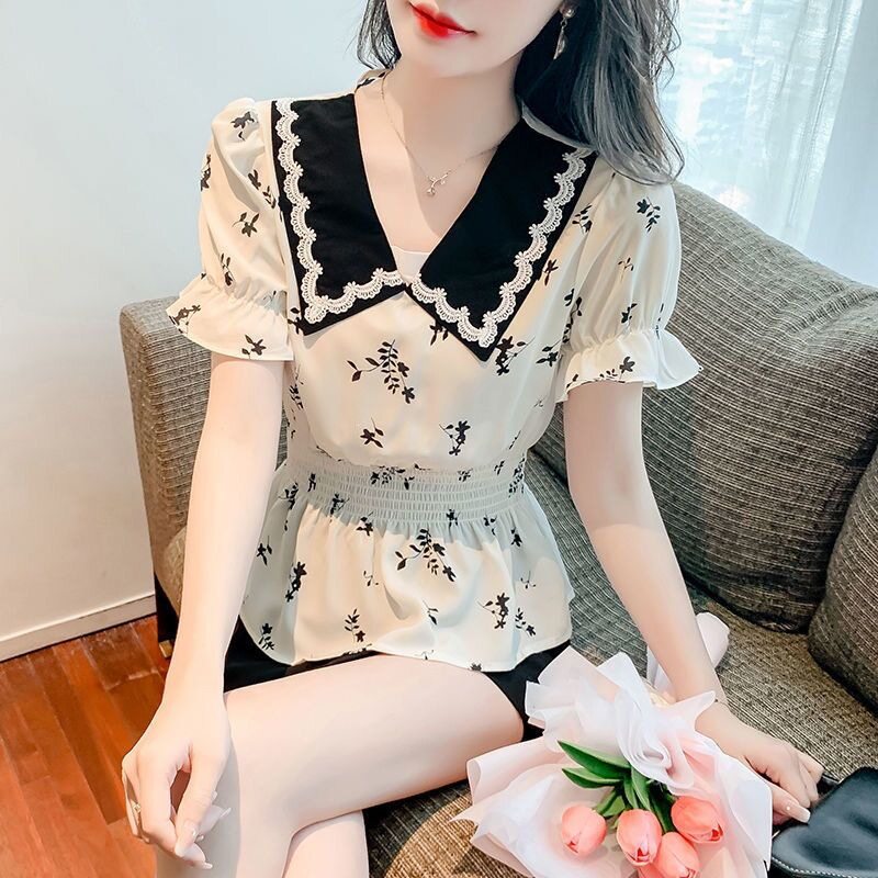 春季新款女装雪纺衬衫女短袖2026新款夏季卡腰小衫短款洋气娃娃领