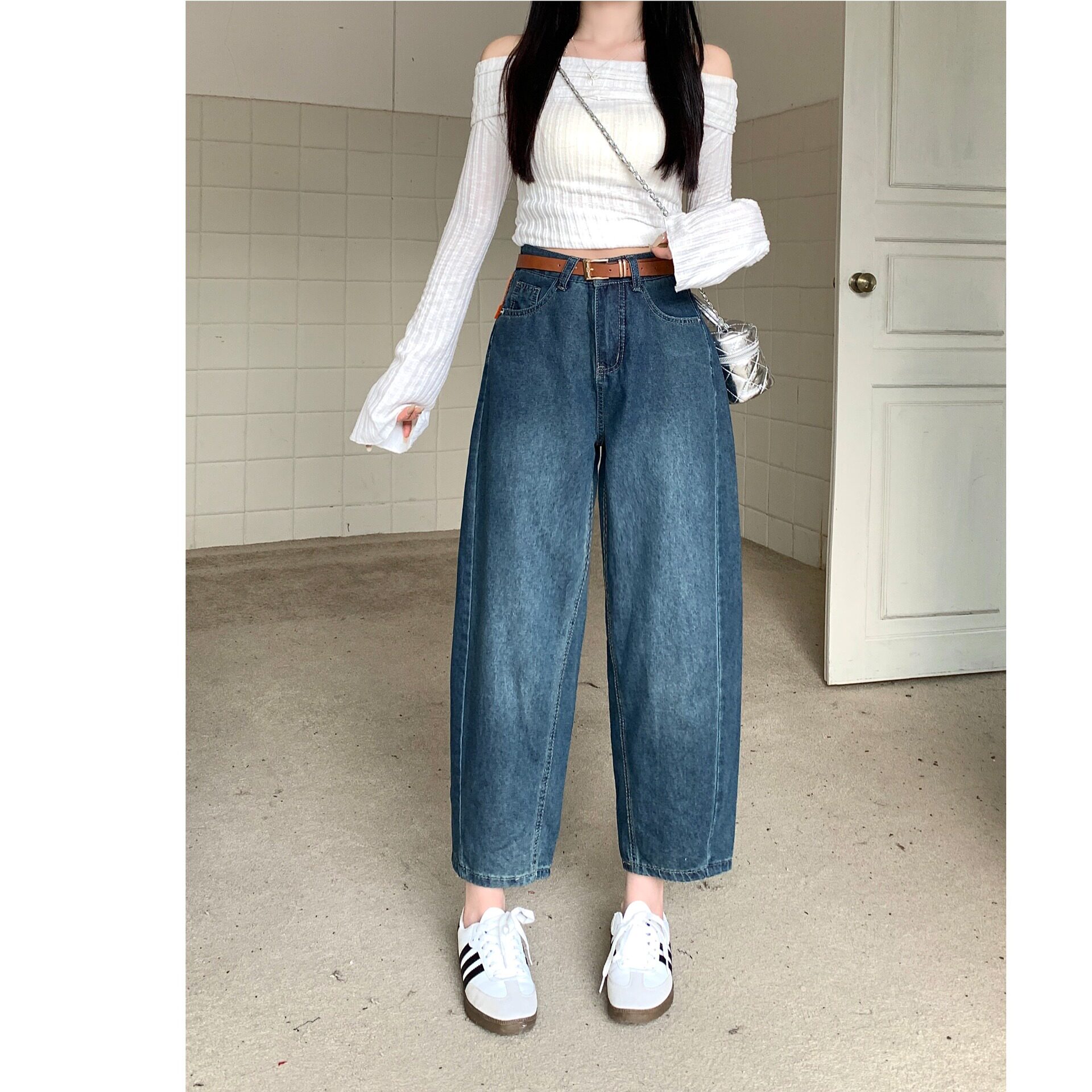 韩版显瘦梨形身材微胖女生穿搭春夏季新款阔腿牛仔弯刀香蕉裤女