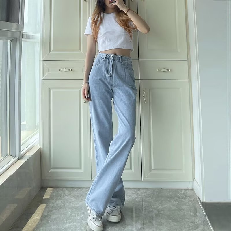 韩版蓝色牛仔裤女生2023秋冬季新款高腰直筒小众时尚拖地阔腿裤潮