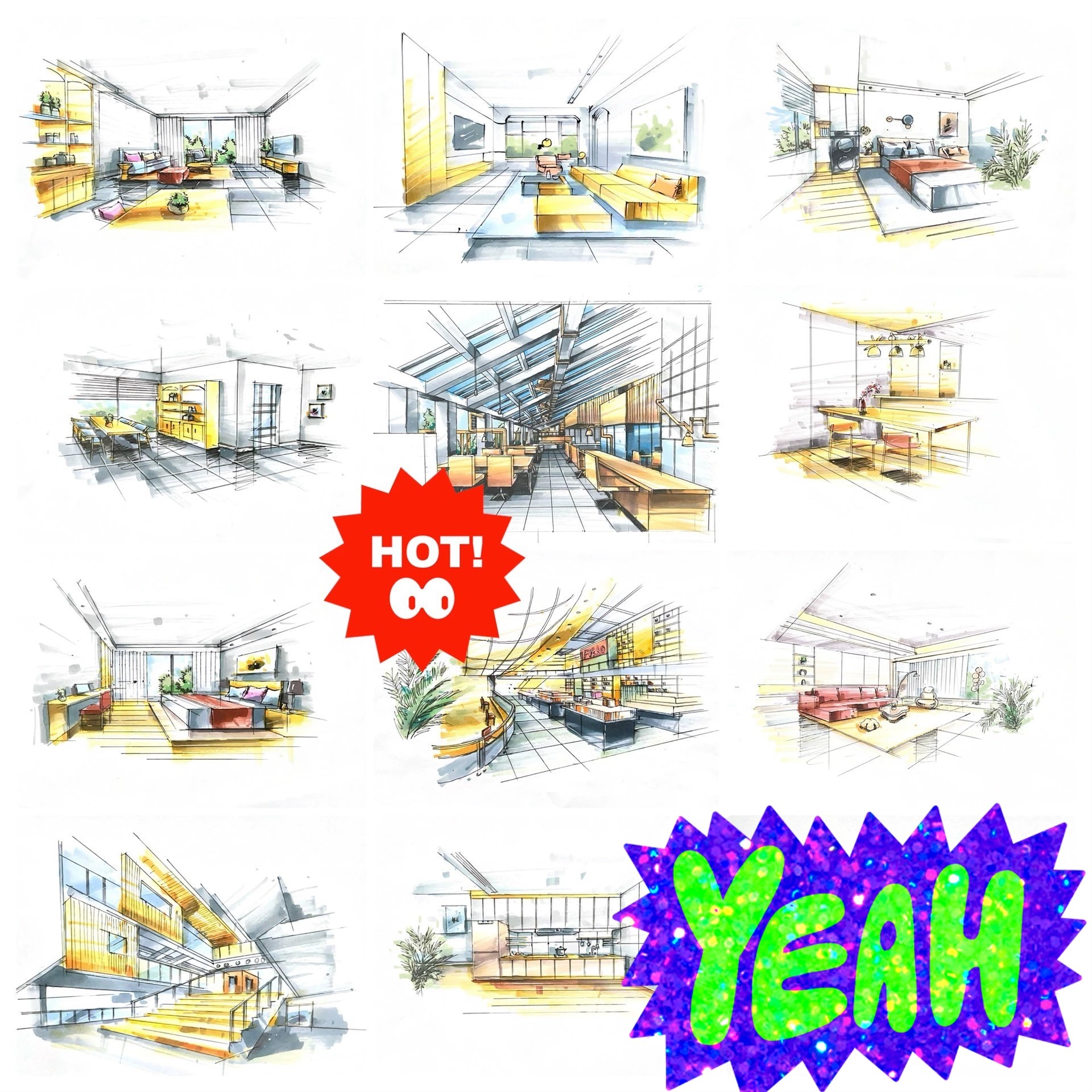 室内设计手绘代画效果图环艺写生线稿园林景观建筑产品平面图CAD