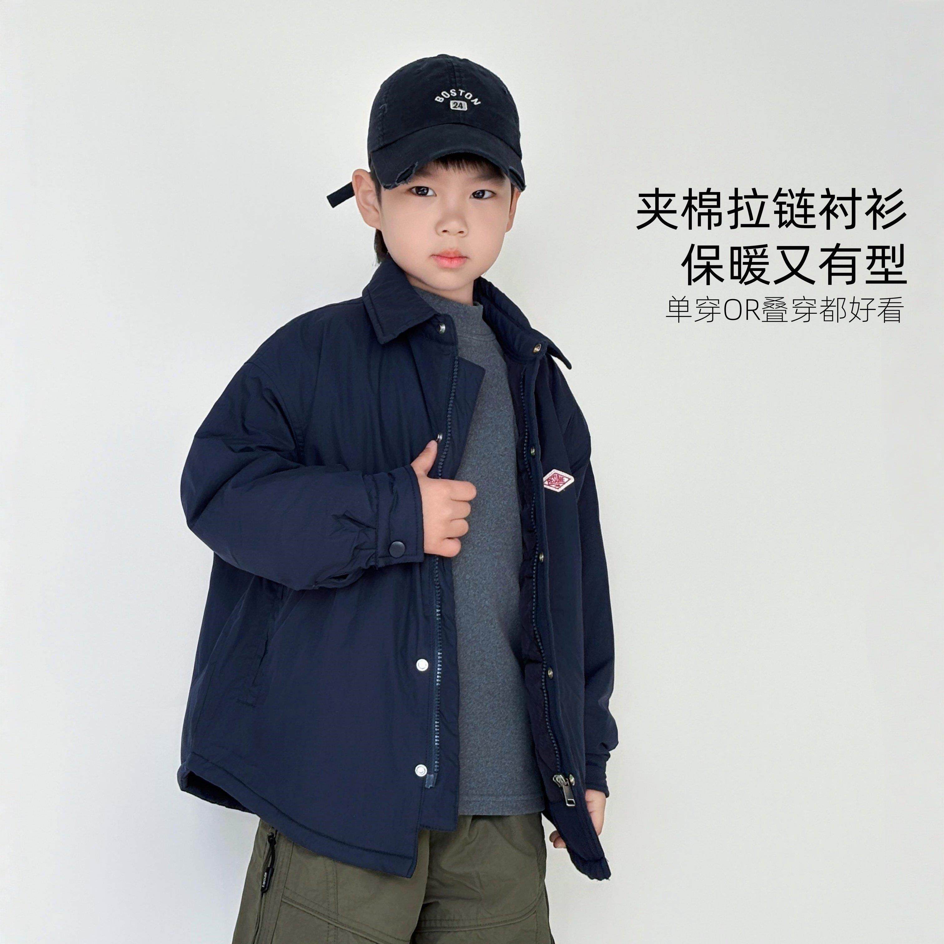 男童夹棉衬衫外套秋冬款内搭加厚保暖中大童男孩棉服儿童薄款棉衣