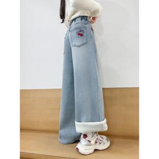 女童冬装加绒牛仔裤子2025新款中大儿童初中生女孩宽松直筒阔腿裤