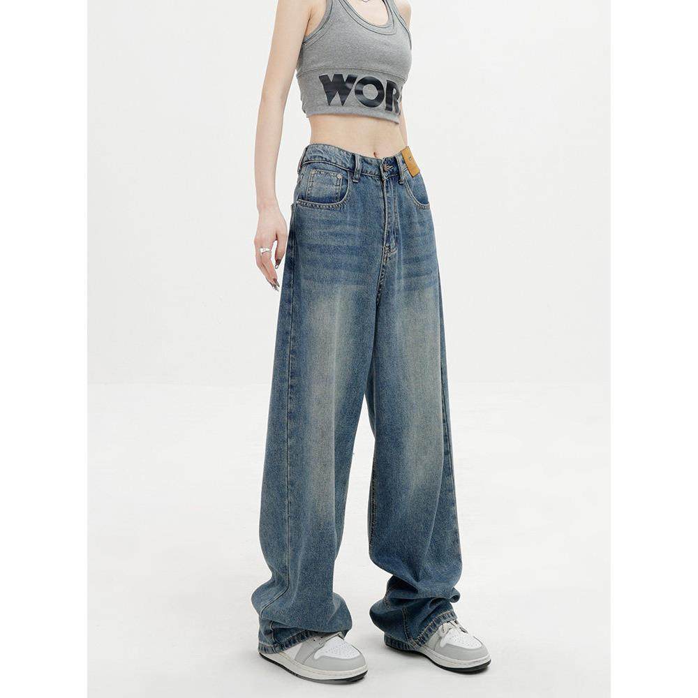 美式复古蓝色直筒宽松阔腿牛仔裤女休闲百搭浅色垂感拖地裤子