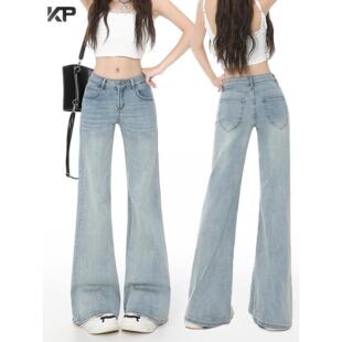 浅蓝色微喇牛仔裤女夏季薄款低腰宽松垂感拖地小个子不贴腿喇叭裤