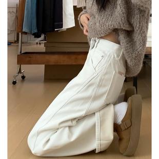 白色裤子冬加绒加厚弯刀裤胖mm大码镰刀裤女小个子直筒阔腿牛仔裤