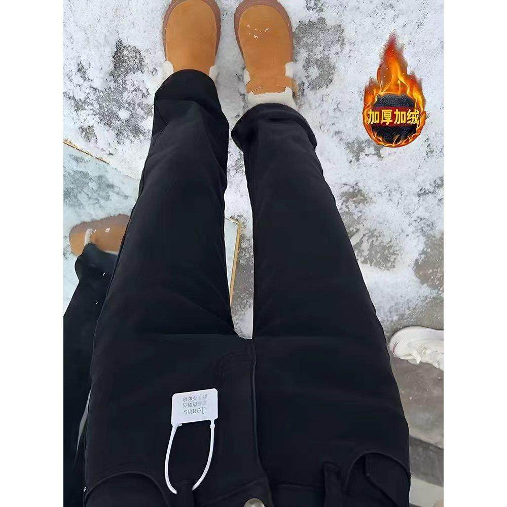 黑色窄版直筒牛仔裤女秋冬加绒大码胖mm高腰显瘦遮胯弹力烟管裤子