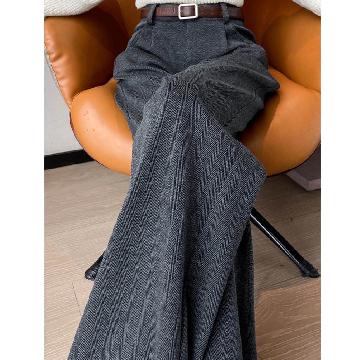 灰色高级感毛呢西装裤女秋冬季人字纹窄版裤子高腰宽松加绒阔腿裤