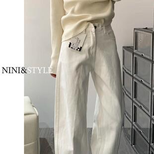 白色窄版阔腿牛仔裤女秋季2025新款高腰高级垂感宽松小个子直筒裤