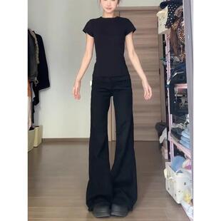 180高个子175加长复古黑色微喇叭牛仔裤女辣妹低腰修身显瘦喇叭裤