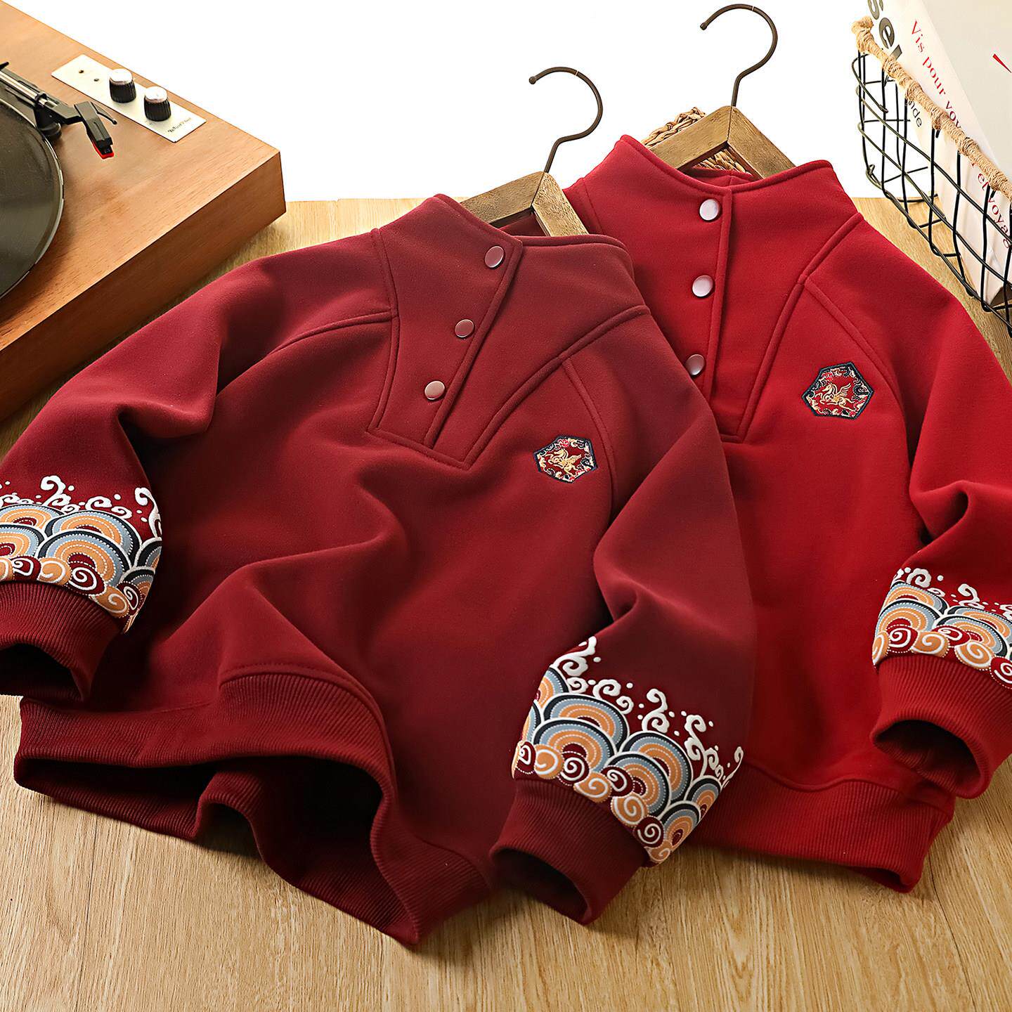 男童立领加绒卫衣冬装2026马年新年款儿童红色洋气拜年服大童上衣