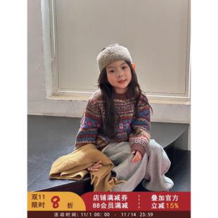 依依妈女童冬装覆古回纹费尔岛提花针织毛衣中大儿童时髦洋气外套