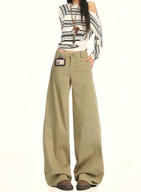 卡其色低腰工装阔腿牛仔裤女秋季2025新款宽松显瘦休闲直筒拖地裤