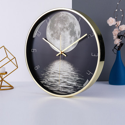 水晶诺德现代简约色彩印花挂钟创意图案静音个性圆形挂表吊钟时钟