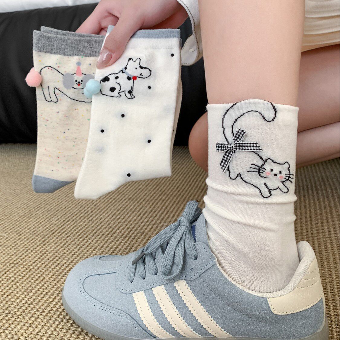 可爱卡通饰品袜子女春夏立体蝴蝶结无骨棉袜ins日系学院风中筒袜