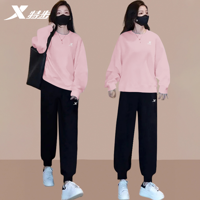 特步运动套装2025秋季加绒套头衫卫衣卫裤宽松跑步休闲两件套女装