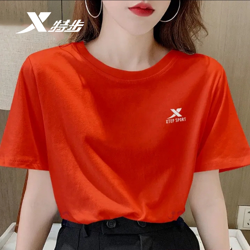 特步短袖T恤大码女装夏季速干透气宽松薄款休闲圆领上衣运动服女