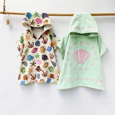 纯棉儿童带帽斗篷可穿浴巾吸水揉软家用男女童洗澡无袖浴袍 全棉