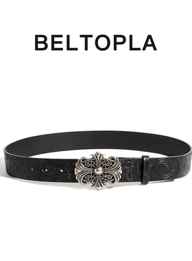 BELTOPLA美式复古十字架雕花小众腰带男女百搭朋克设计感黑色皮带