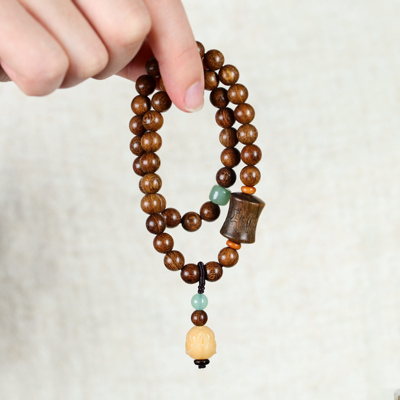 复古民族风绿檀木六字真言招财单双圈款手串男女士盘文玩佛珠手链