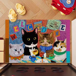 卡通复古猫咪丝圈入户地垫防滑玄关蹭土家用房间门口地毯脚垫通用