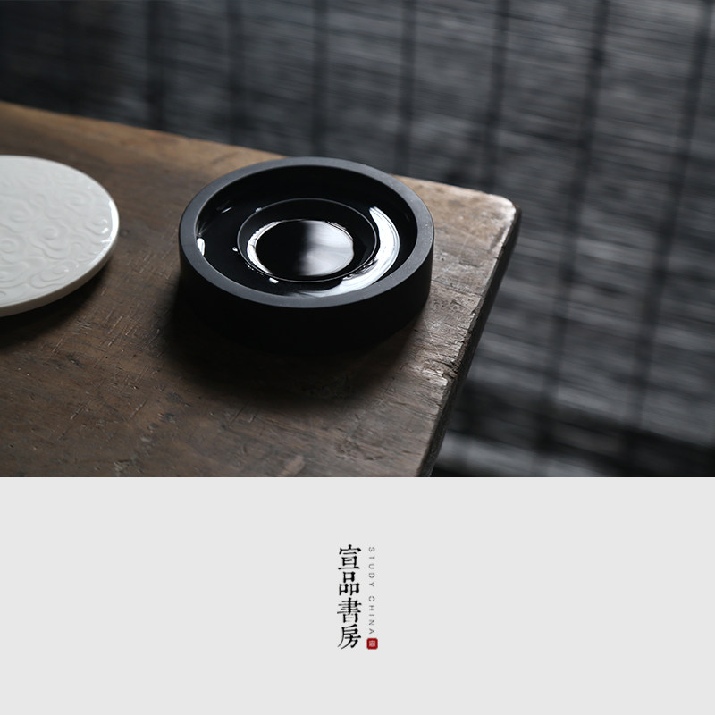 砚台墨池文房安徽宣砚天然原石圆形火锅砚带盖密封不易干墨书法国画小楷专用多功能创意迷你便携高档小墨海