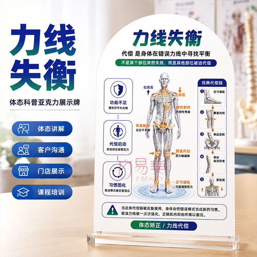 力线失衡体态科普亚克力展示牌体态评估力线代偿讲解图运动康复