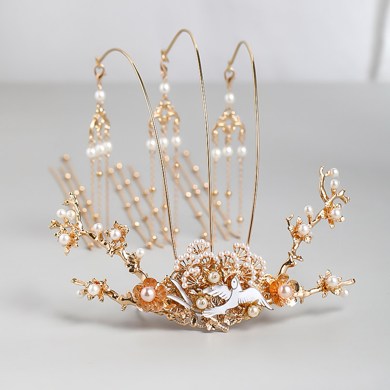 中国风汉服头饰头冠儿童凤冠女童发饰超仙长流苏古风发冠演出皇冠