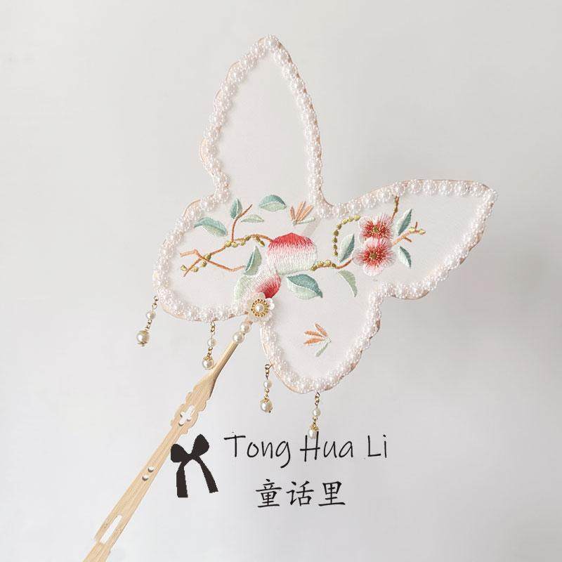 团扇古风刺绣红花蜜桃仙气扇舞蹈汉服走秀拍摄长柄古典儿童团扇